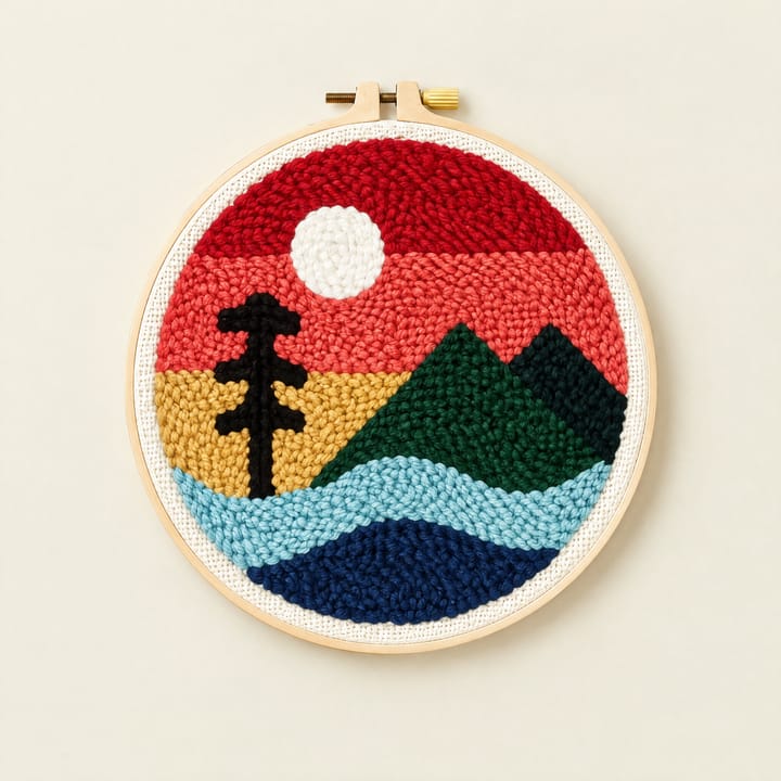 Scenic Punch Needle Kit, Sunset with tree and mountains