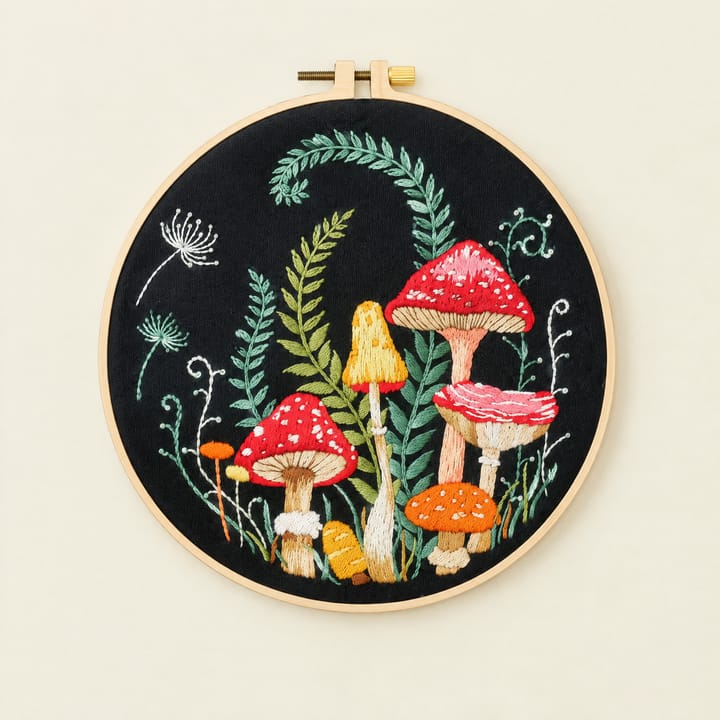 Red toadstools and ferns mushroom embroidery on black fabric, 8 in hoop