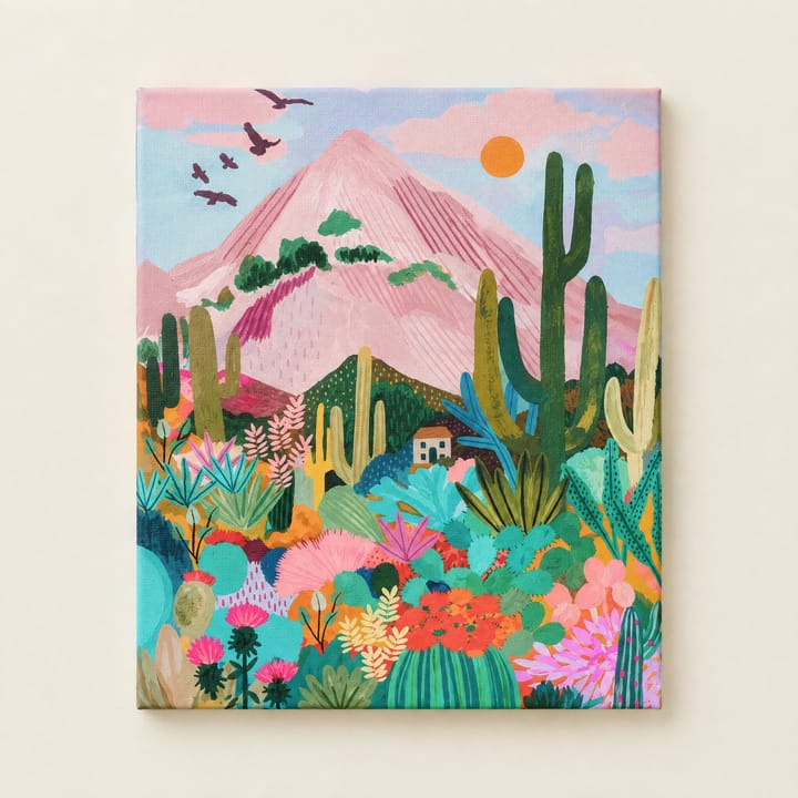 Pink mountain design: a pink mountain above cacti and red flowers
