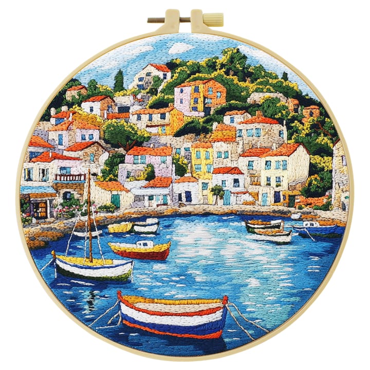 Harbor village embroidery in a hoop on black