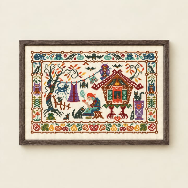 Framed autumn cross stitch above a rust-colored sofa