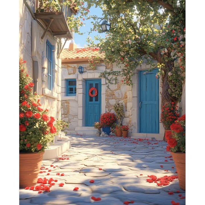 Blue door lane design: a whitewashed lane with blue doors and red geraniums