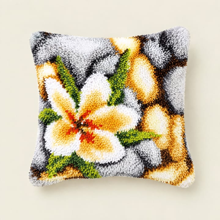 Frangipani latch hook pillow, 17 x 17 in