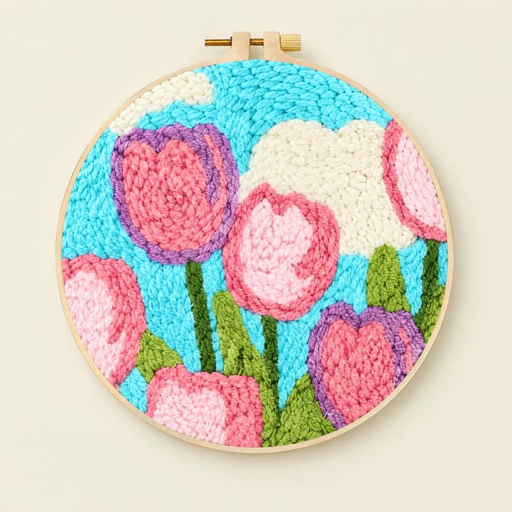 Floral Punch Needle Kit, Pink tulips on blue