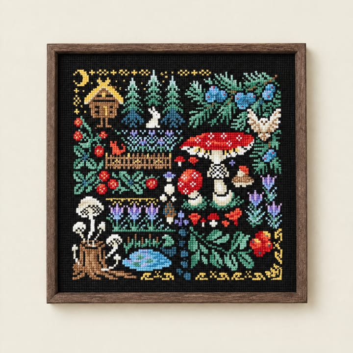 Mushroom forest cross stitch on black Aida with red toadstools, an owl and a hut on stilts, framed