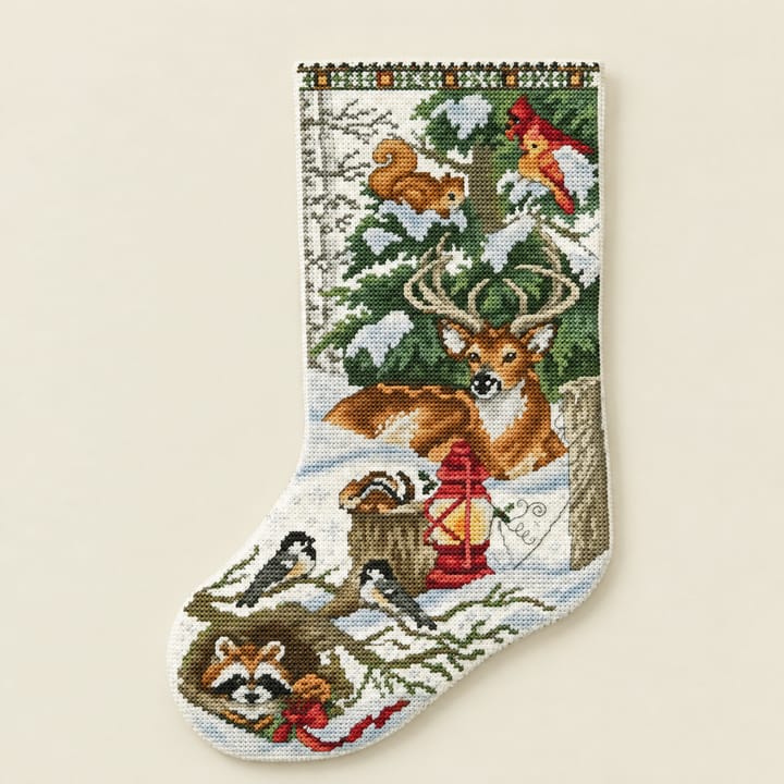 Christmas Stocking Cross Stitch Kit, Deer and raccoon in winter