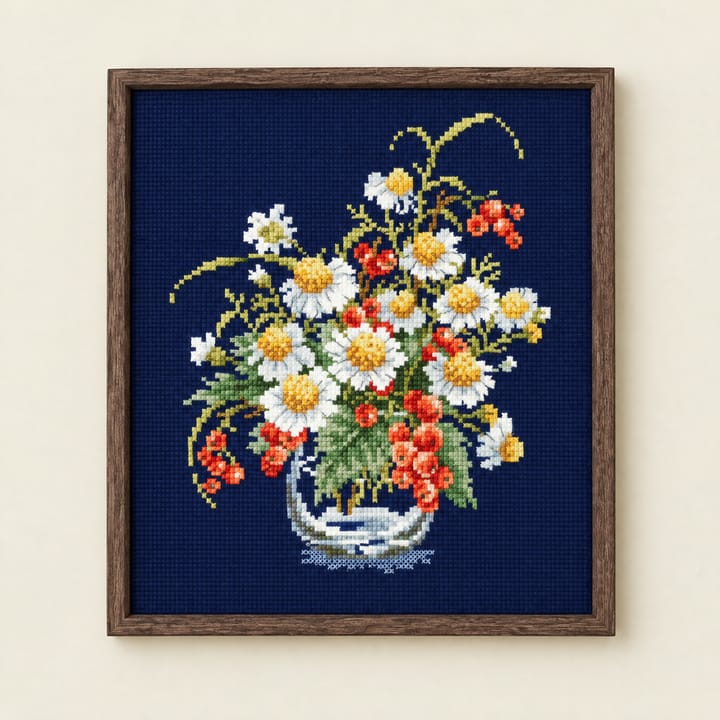 Chamomile and red currant bouquet cross stitch on navy Aida, framed
