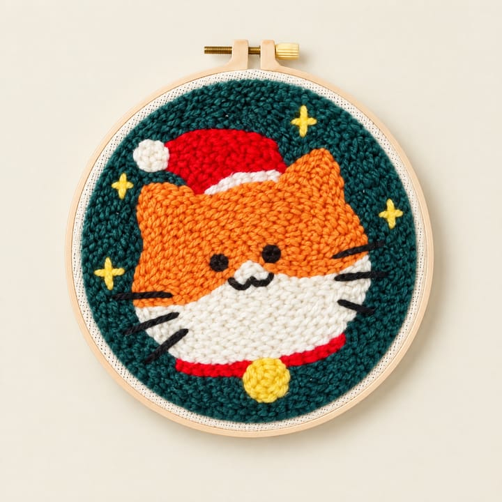 Animal Punch Needle Starter Kit, Orange cat in Santa hat