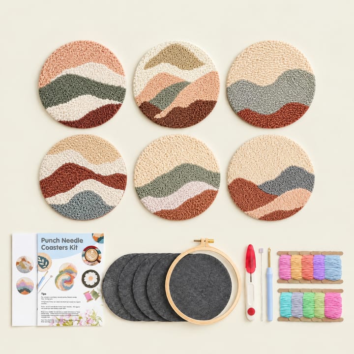Sandy hills punch needle coasters with the kit