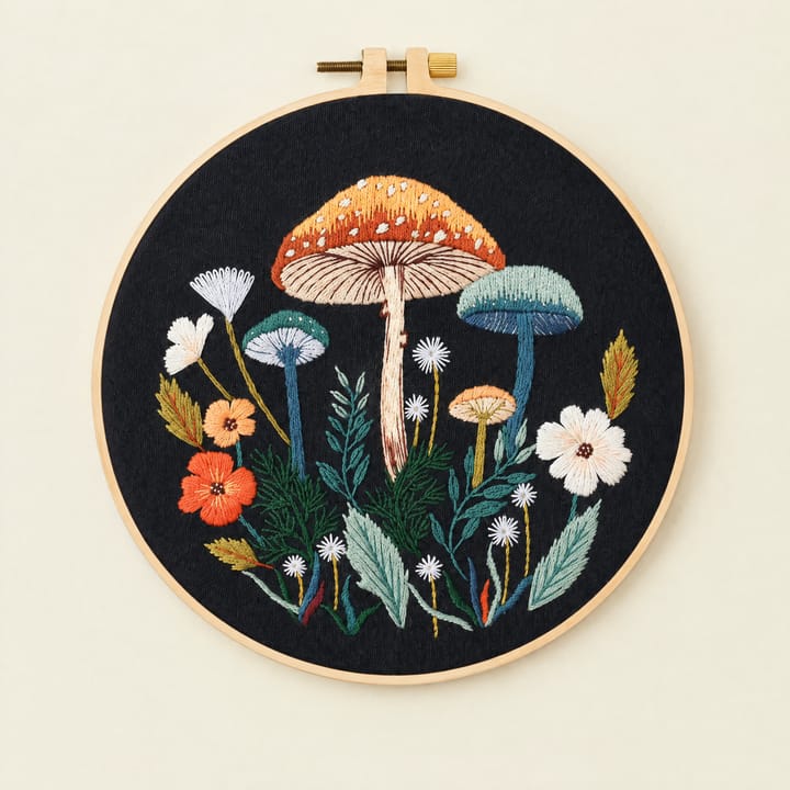 Tall caps and wildflowers mushroom embroidery on black fabric, 8 in hoop