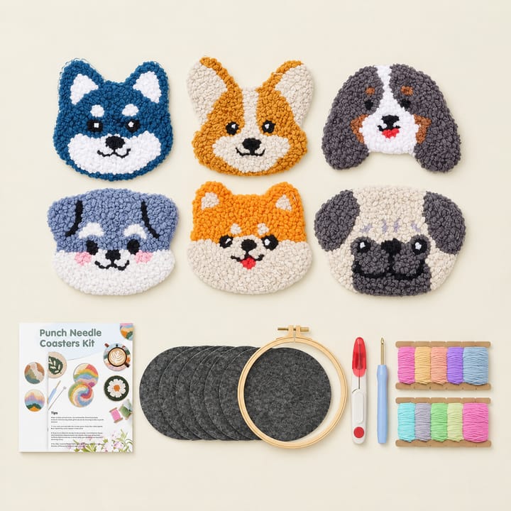 Husky, corgi and pug punch needle dog coasters with the kit