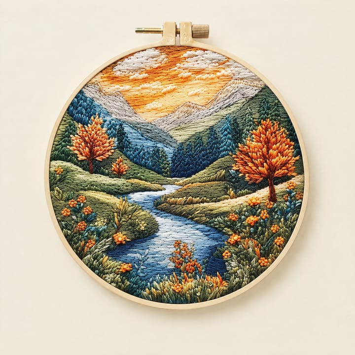 Golden valley landscape embroidery in a 6 in hoop
