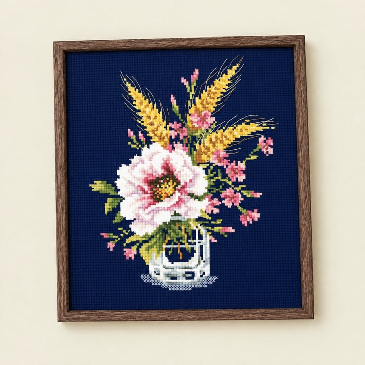 Wheat bouquet cross stitch design with a pink bloom on navy Aida