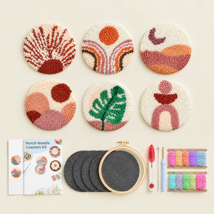 Sun and leaf punch needle coasters with the kit