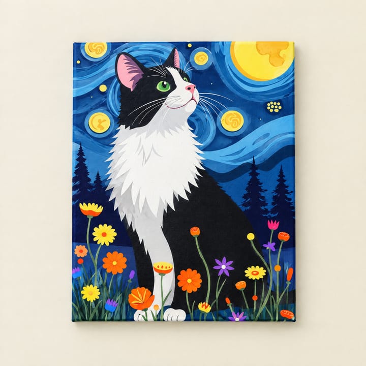 Starry Cat Paint by Number Kit, Black and white cat with flowers