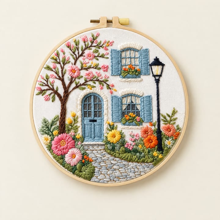 Blue door cottage embroidery hoop on a shelf with dried grasses