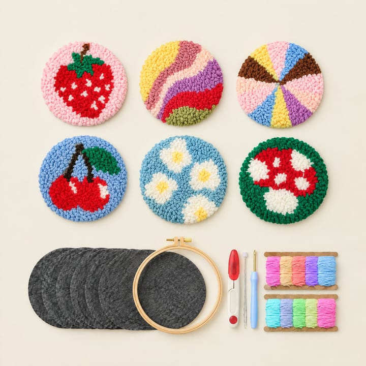 Strawberry swirl punch needle coasters with the kit