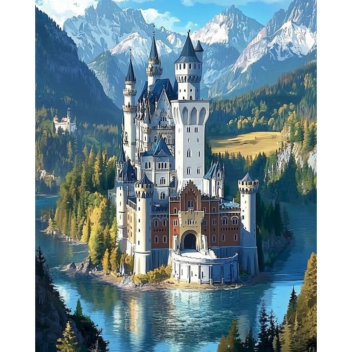 Alpine castle design: the castle with snowy peaks and pines