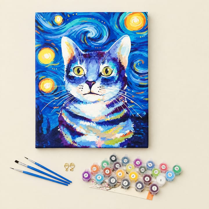 Starry Cat Paint by Number Kit, Blue and white cat portrait