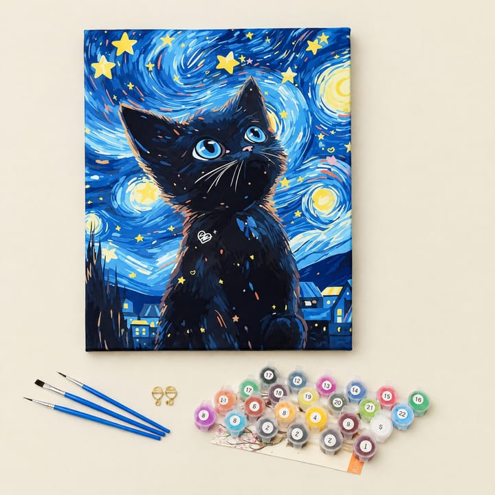 Starry Cat Paint by Number Kit, Black kitten with blue bow