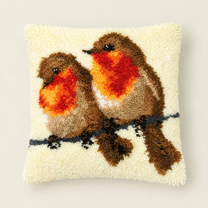 Two robins latch hook pillow, 17 x 17 in