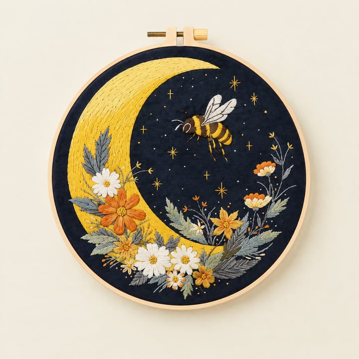 Crescent moon and bee embroidery on black fabric in an 8 in hoop