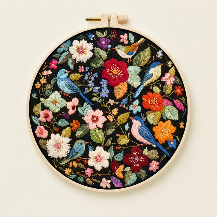 Bluebird garden embroidery, birds and flowers on dark fabric