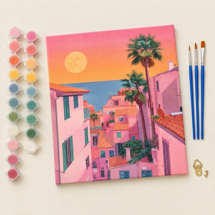 Pink sunset design: pink buildings and a palm against an orange sky