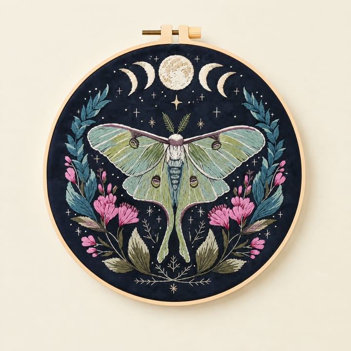 Luna moth embroidery on black fabric in an 8 in hoop
