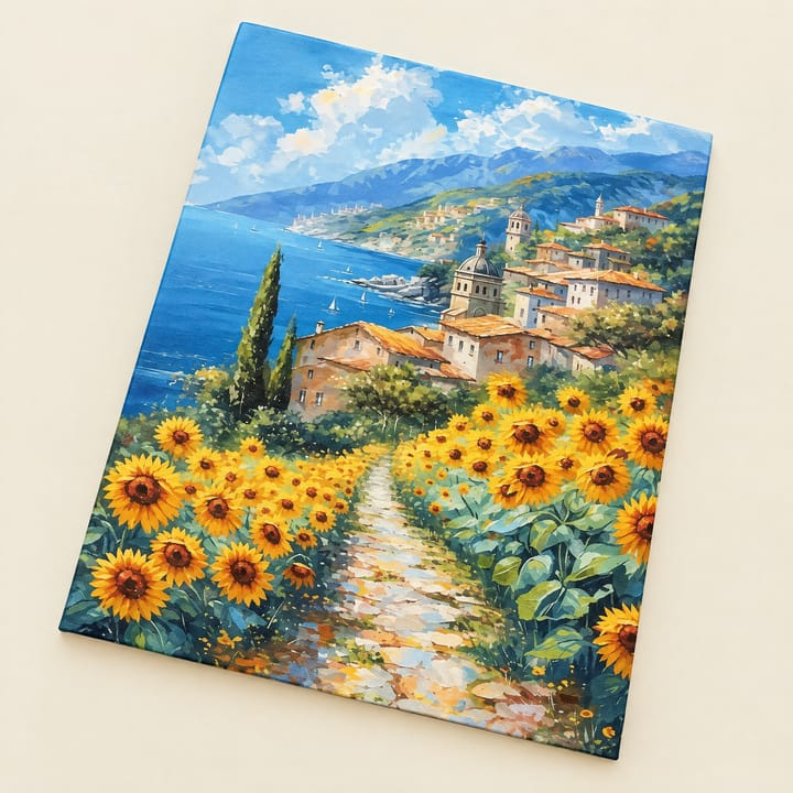 Sunflower path design: sunflowers along a path to a coastal village