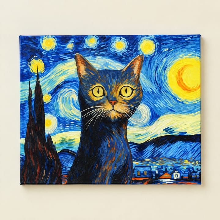 Starry night cat design: a black cat in front of a swirling sky