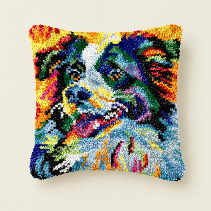 Pop art collie latch hook pillow, 17 x 17 in