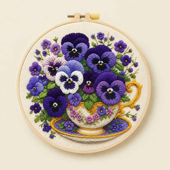 Pansy teacup embroidery hoop on a wooden table