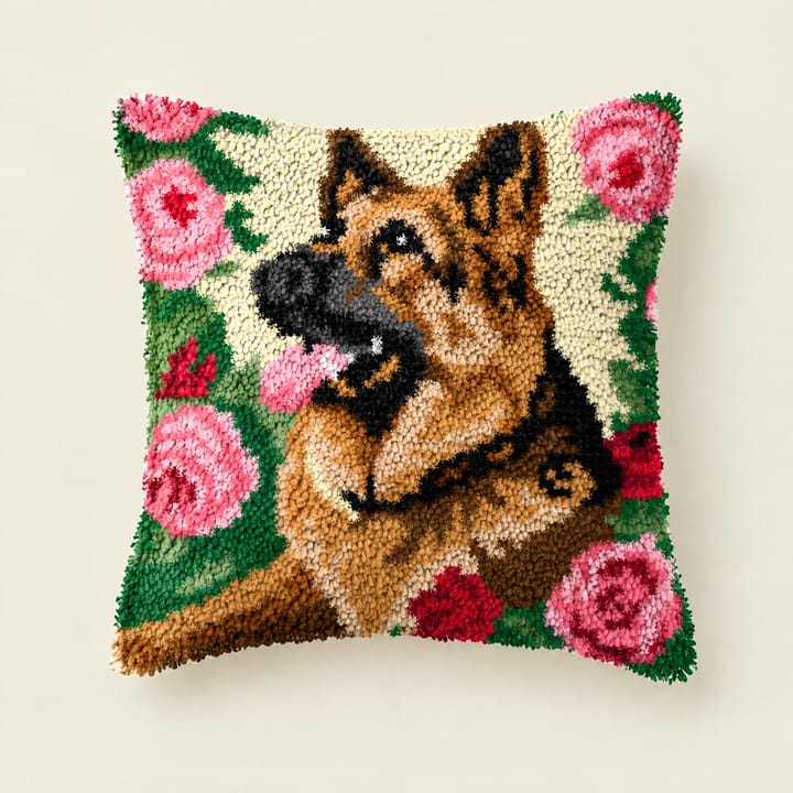 German shepherd latch hook pillow, 17 x 17 in
