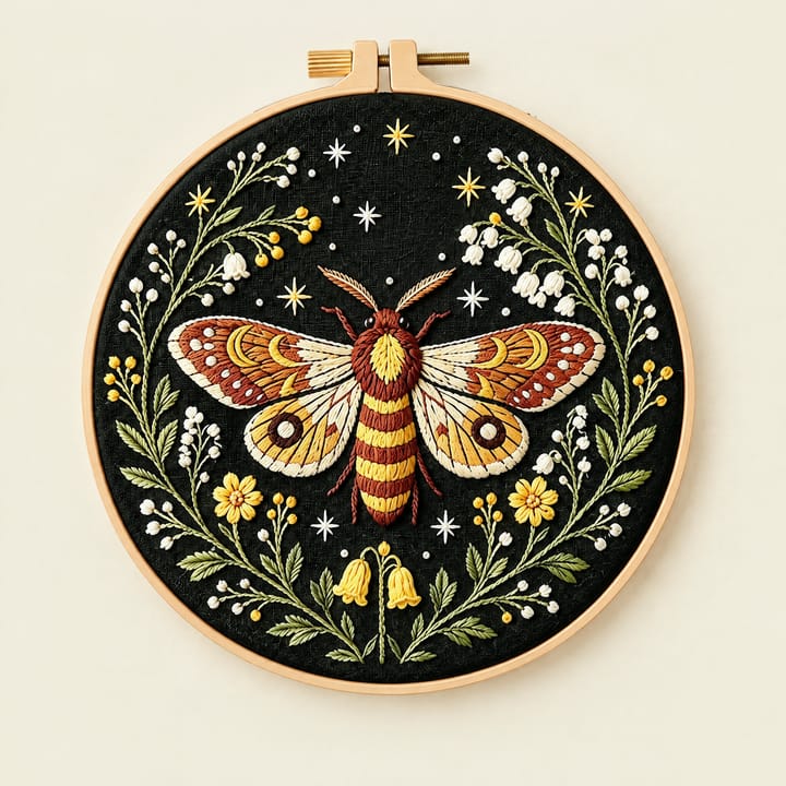 Orange moth embroidery on black fabric in an 8 in hoop