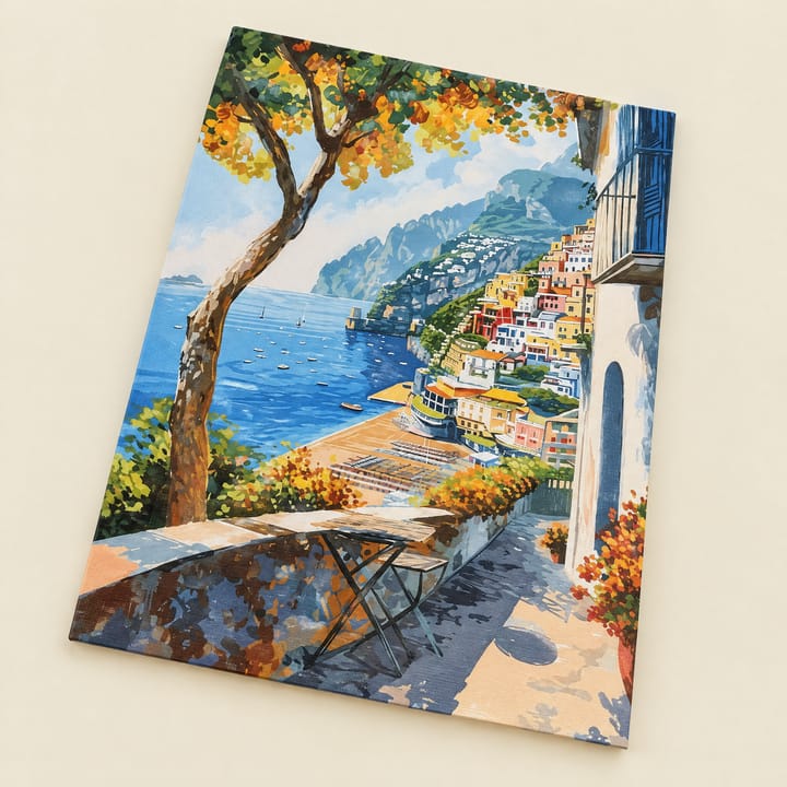 Coast terrace design: a terrace under a tree above a town of bright houses by the sea