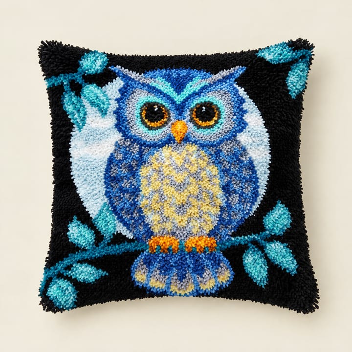 Blue owl latch hook pillow, 17 x 17 in