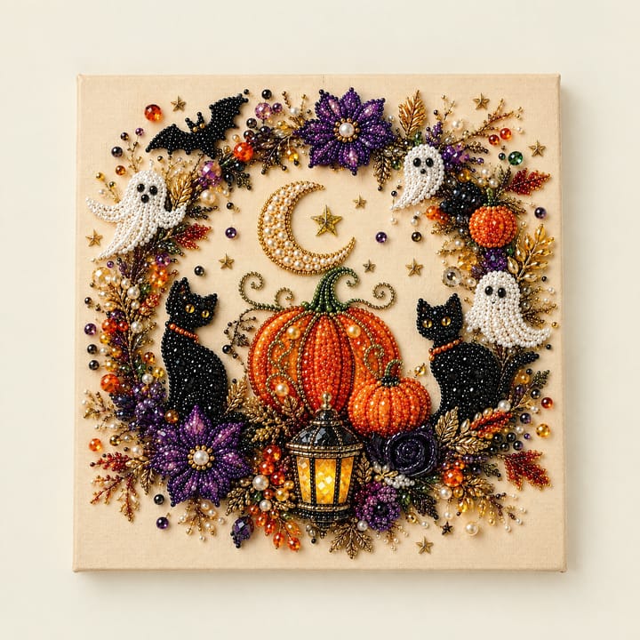 Haunted Harvest Diamond Art Kit, Ghost and pumpkin wreath