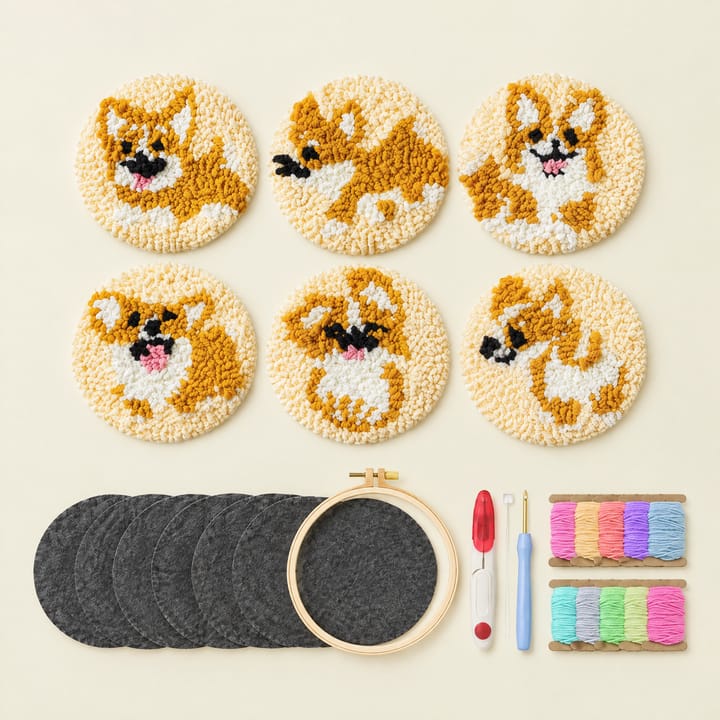 Corgi rounds punch needle dog coasters with the kit