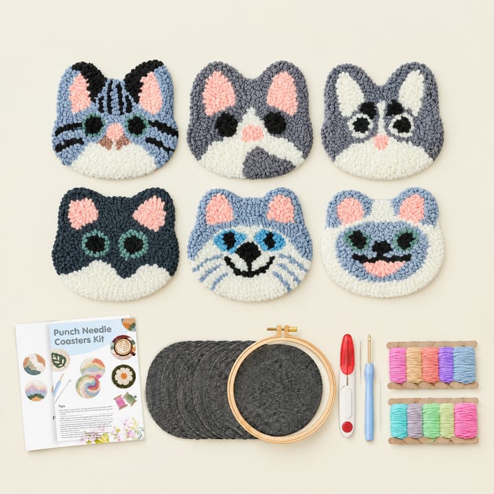 Gray cats punch needle coasters with the kit