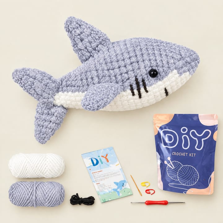 Blue gray shark crochet kit with yarn and stuffing