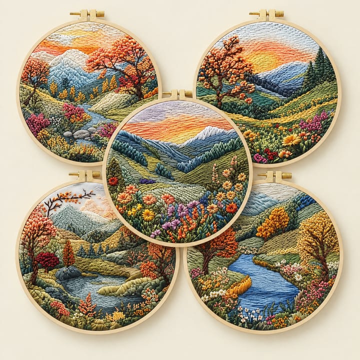 Five textured landscape embroidery hoops on a wooden table