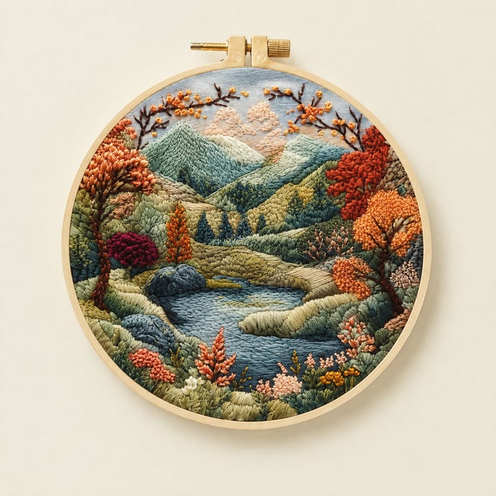 Autumn lake landscape embroidery in a 6 in hoop