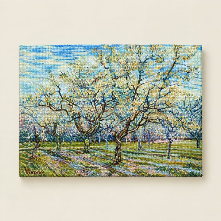 Orchard bloom design: rows of white blossoming fruit trees