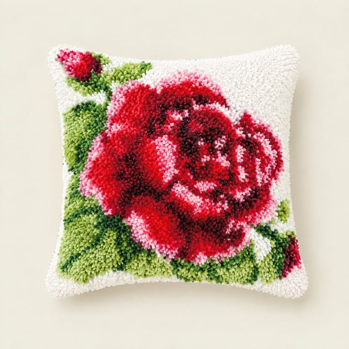 Crimson rose latch hook pillow, 17 x 17 in