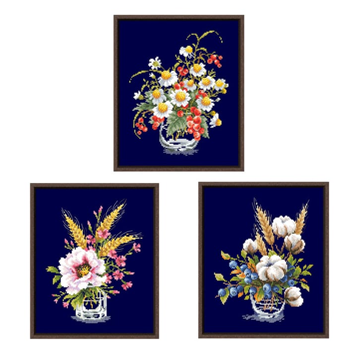 The three bouquet cross stitch designs together