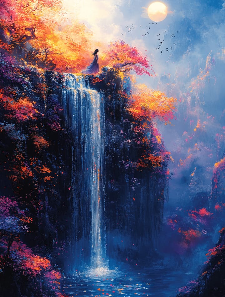 Moonlit waterfall design: a waterfall between autumn trees under a full moon