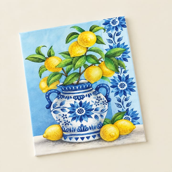 Blue and white vase design: lemons and leaves in a patterned vase