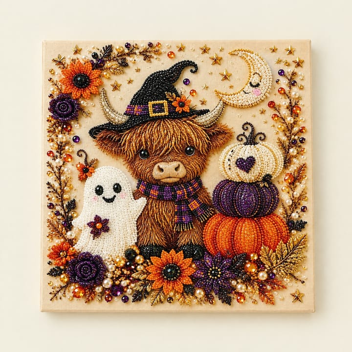 Haunted Harvest Diamond Art Kit, Highland cow with ghost