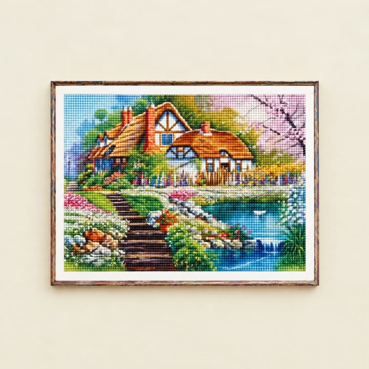 Cottage and Stream Diamond Art Kit, Tudor cottage with white flowers